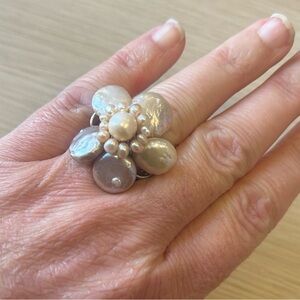Pearl Flower Statement Ring with Expandable Band- 6.5 inches at smallest setting